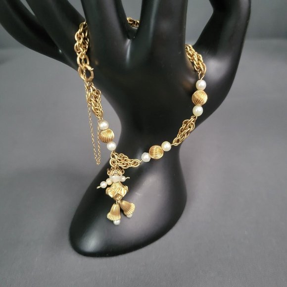 Angel Charm Fashion Bracelet Twisted Gold Tone Faux Pearl Safety Chain 6/12 in - Picture 1 of 5